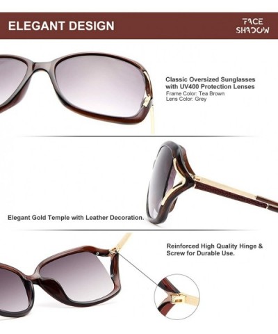 Classic Oversized Sunglasses for Women Vintage Big Frame Elegant Gold Temple with Leather Decoration - Grey/Brown - CG18WLT7G...