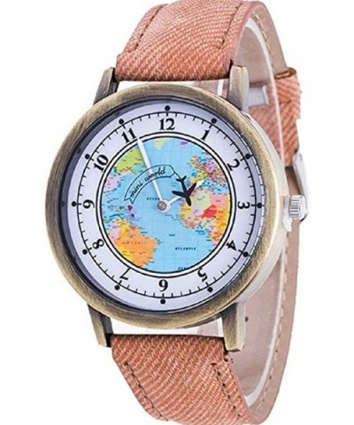 Women's Analog Quartz Watch - Travel Map Pattern Round Dial Case Comfortable Denim Casual Wrist Watches - Brown - CT18SMALCT9...