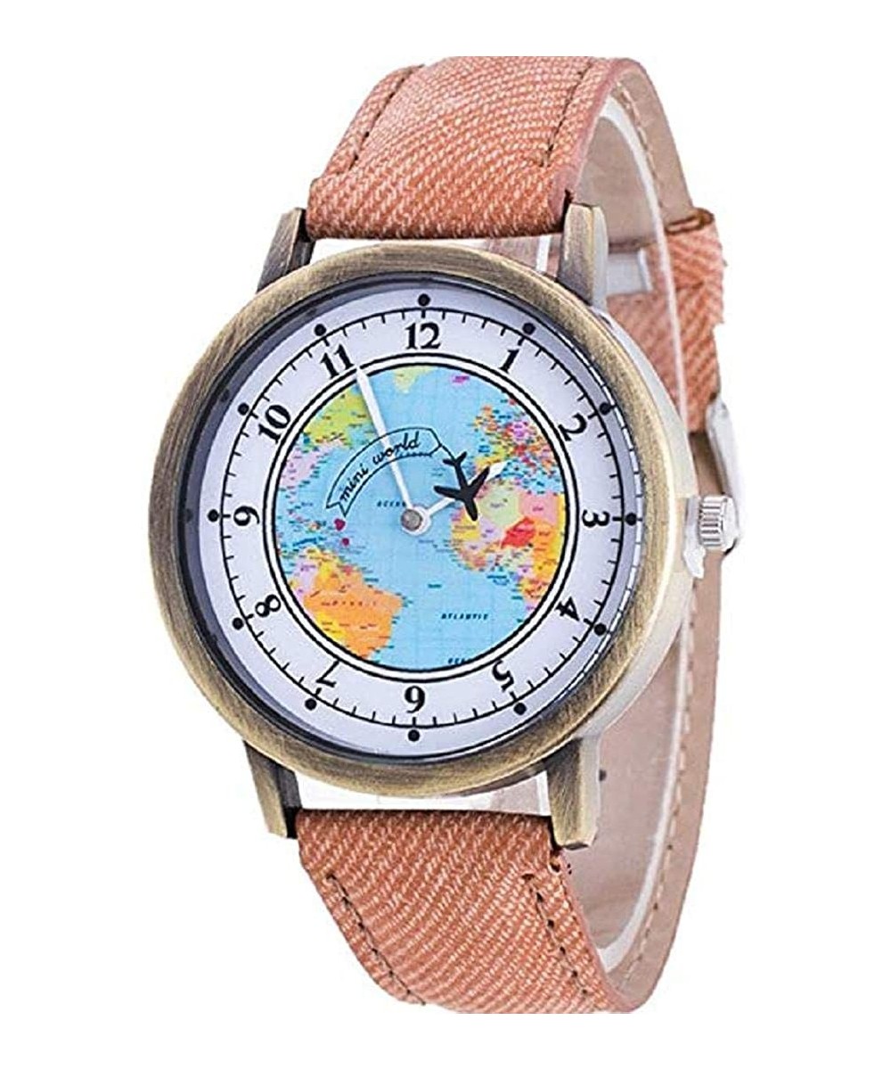 Women's Analog Quartz Watch - Travel Map Pattern Round Dial Case Comfortable Denim Casual Wrist Watches - Brown - CT18SMALCT9...