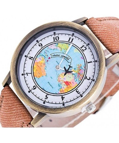 Women's Analog Quartz Watch - Travel Map Pattern Round Dial Case Comfortable Denim Casual Wrist Watches - Brown - CT18SMALCT9...