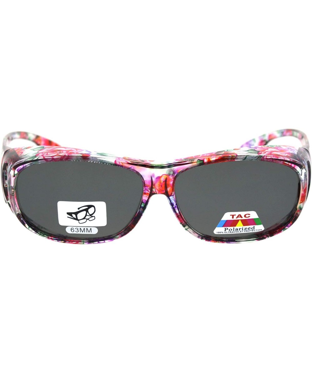 Womens 63mm TAC Polarized Geometric Graphic Print Fit Over Sunglasses - Large Flower Black - CM18RT6NIUZ $9.57 Rectangular