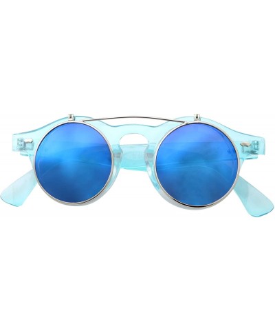 Flip Up Round Punk Sunglasses Steampunk Circle Retro - Transparent Blue Frame - Blue Mirror Lens - CN18E7XQW3L $7.61 Round