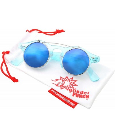 Flip Up Round Punk Sunglasses Steampunk Circle Retro - Transparent Blue Frame - Blue Mirror Lens - CN18E7XQW3L $7.61 Round