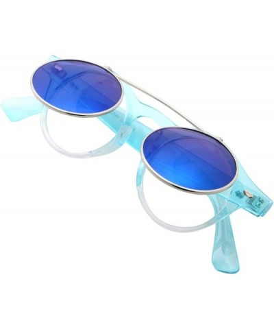 Flip Up Round Punk Sunglasses Steampunk Circle Retro - Transparent Blue Frame - Blue Mirror Lens - CN18E7XQW3L $7.61 Round