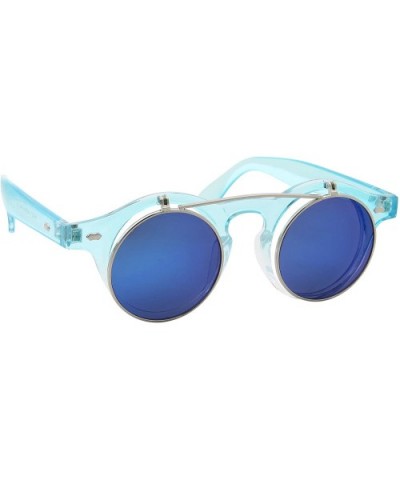 Flip Up Round Punk Sunglasses Steampunk Circle Retro - Transparent Blue Frame - Blue Mirror Lens - CN18E7XQW3L $7.61 Round