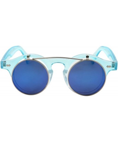 Flip Up Round Punk Sunglasses Steampunk Circle Retro - Transparent Blue Frame - Blue Mirror Lens - CN18E7XQW3L $7.61 Round