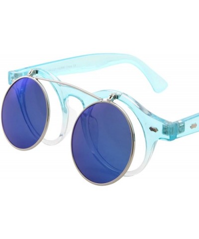 Flip Up Round Punk Sunglasses Steampunk Circle Retro - Transparent Blue Frame - Blue Mirror Lens - CN18E7XQW3L $7.61 Round