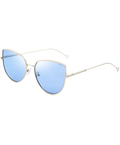 Cat Eye Fashion Metal Frame Polarized Sunglasses for Women UV 400 Protection - Silver Frame Blue Lens - CI18TCZKSTH $8.42 Sport