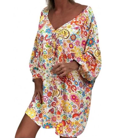 Long Sleeve Dresses - Plus Size Women Off Shoulder Floral Print Long Sleeve Irregular Casual Dress - White - C718XKTYC58 $9.9...