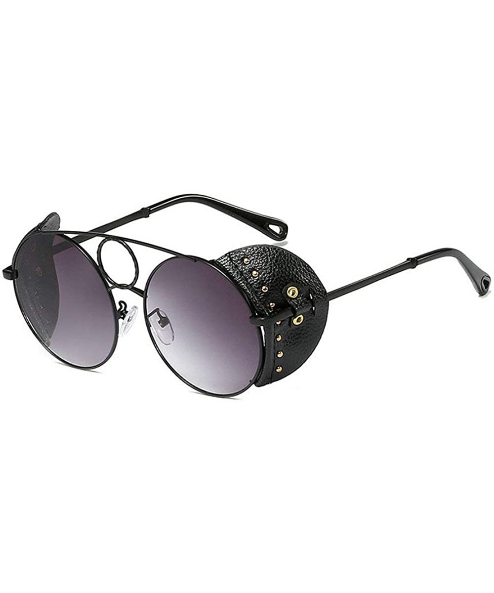 New personality fashion punk metal round leather rivet unisex brand designer sunglasses UV400 - Black - CW18SOQDTN8 $11.98 Round