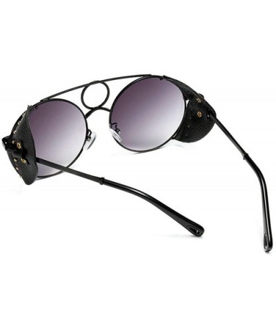 New personality fashion punk metal round leather rivet unisex brand designer sunglasses UV400 - Black - CW18SOQDTN8 $11.98 Round