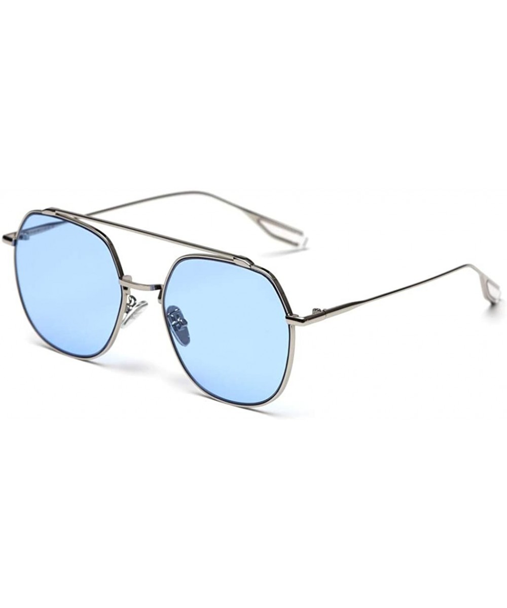 Korean Style Sunglasses Women Clear Color Square Sun Glasses for Men Metal Frame - Silver With Blue - CT18WYNECER $8.21 Square