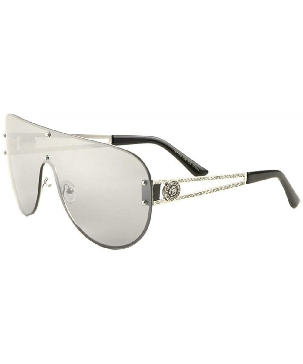 Lion Head Medallion Oversized Flat Top Luxury Shield Aviator Sunglasses - Silver Metallic Frame - CT18U9KO44X $10.12 Shield