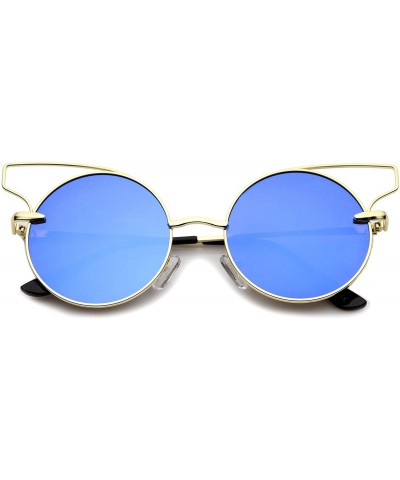 Women's Wire Open Metal Frame Color Mirror Flat Lens Round Cat Eye Sunglasses 52mm - Gold / Blue Mirror - CD12KCNPHOP $7.80 C...
