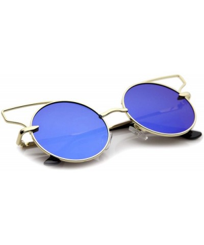 Women's Wire Open Metal Frame Color Mirror Flat Lens Round Cat Eye Sunglasses 52mm - Gold / Blue Mirror - CD12KCNPHOP $7.80 C...