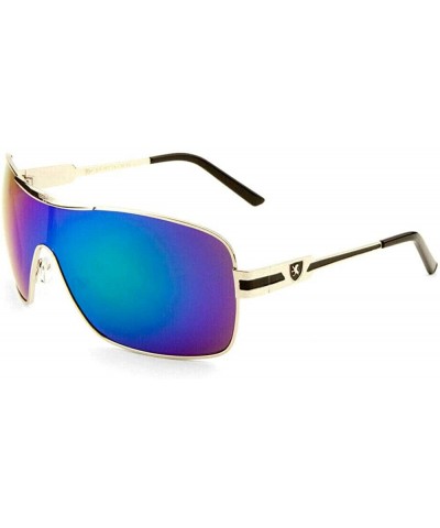 Khan Wrap Around Shield Aviator One Piece Iridium Flash Lenses Sunglasses - Silver & Black Frame - CJ18XG0983S $7.31 Aviator