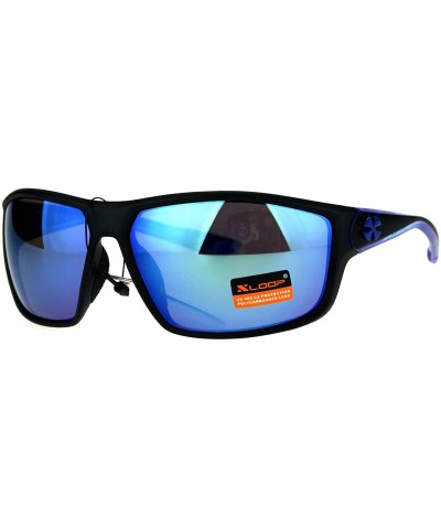 Xloop Sports Sunglasses Mens Wrap Around Rectangular Frame UV 400 - Black Blue (Blue Mirror) - CF188IGALQ0 $8.31 Sport