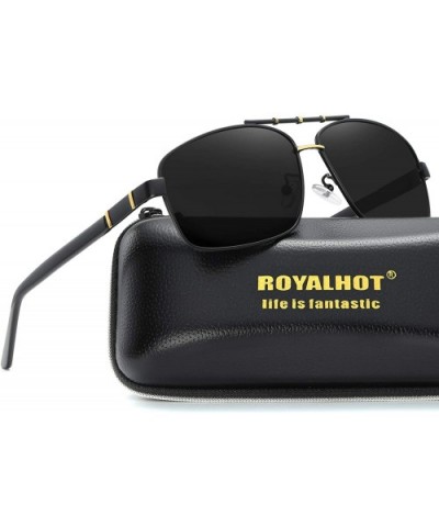 Men Square Sunglasses Polarized UV 400 Protection 60MM Fashion Shield Style Driving - Black Gold - C8192GE2CS5 $11.12 Sport