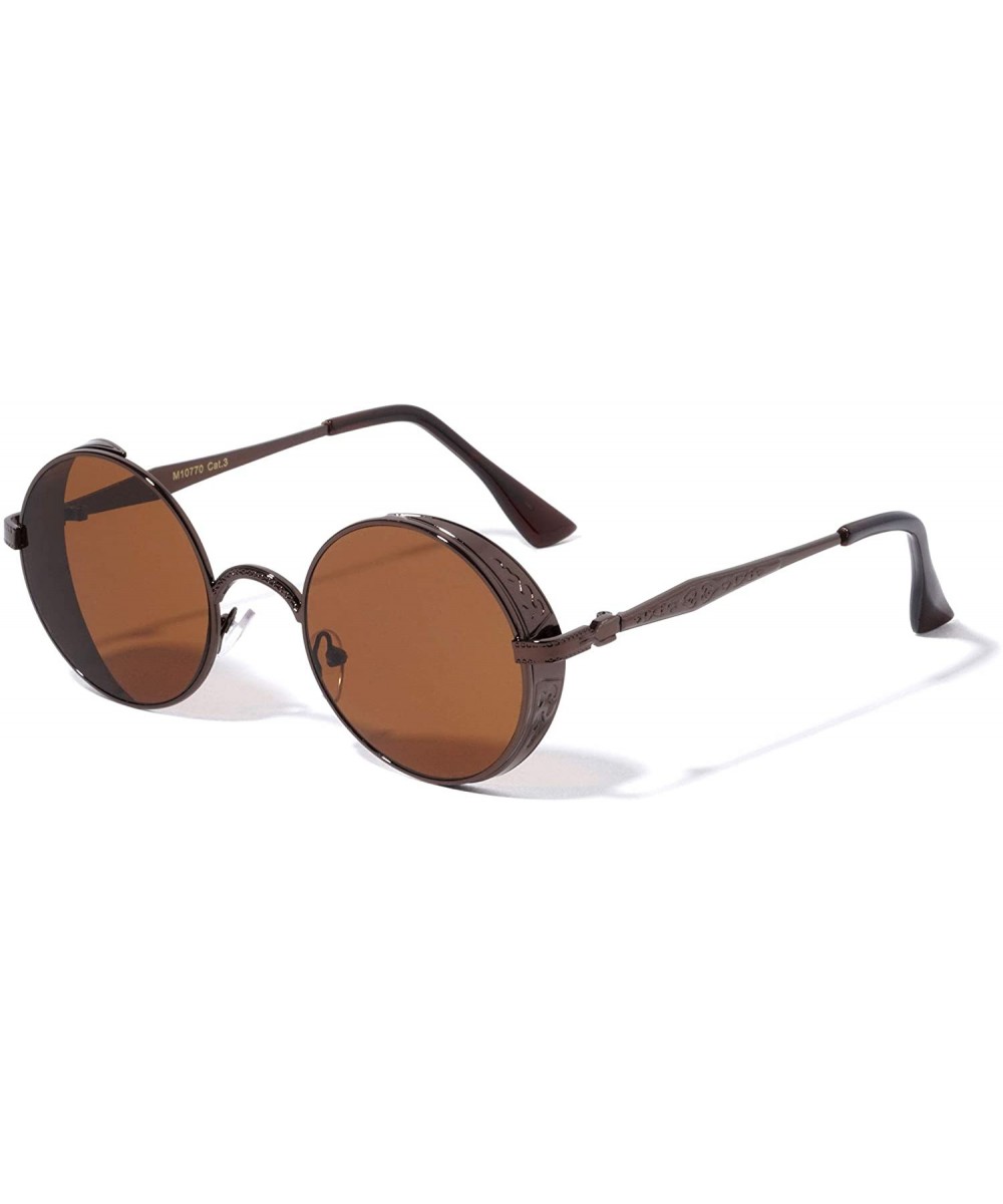 Round Engraved Side Shield Steampunk Fashion Sunglasses - Brown - C9196XHOCZ6 $11.04 Round