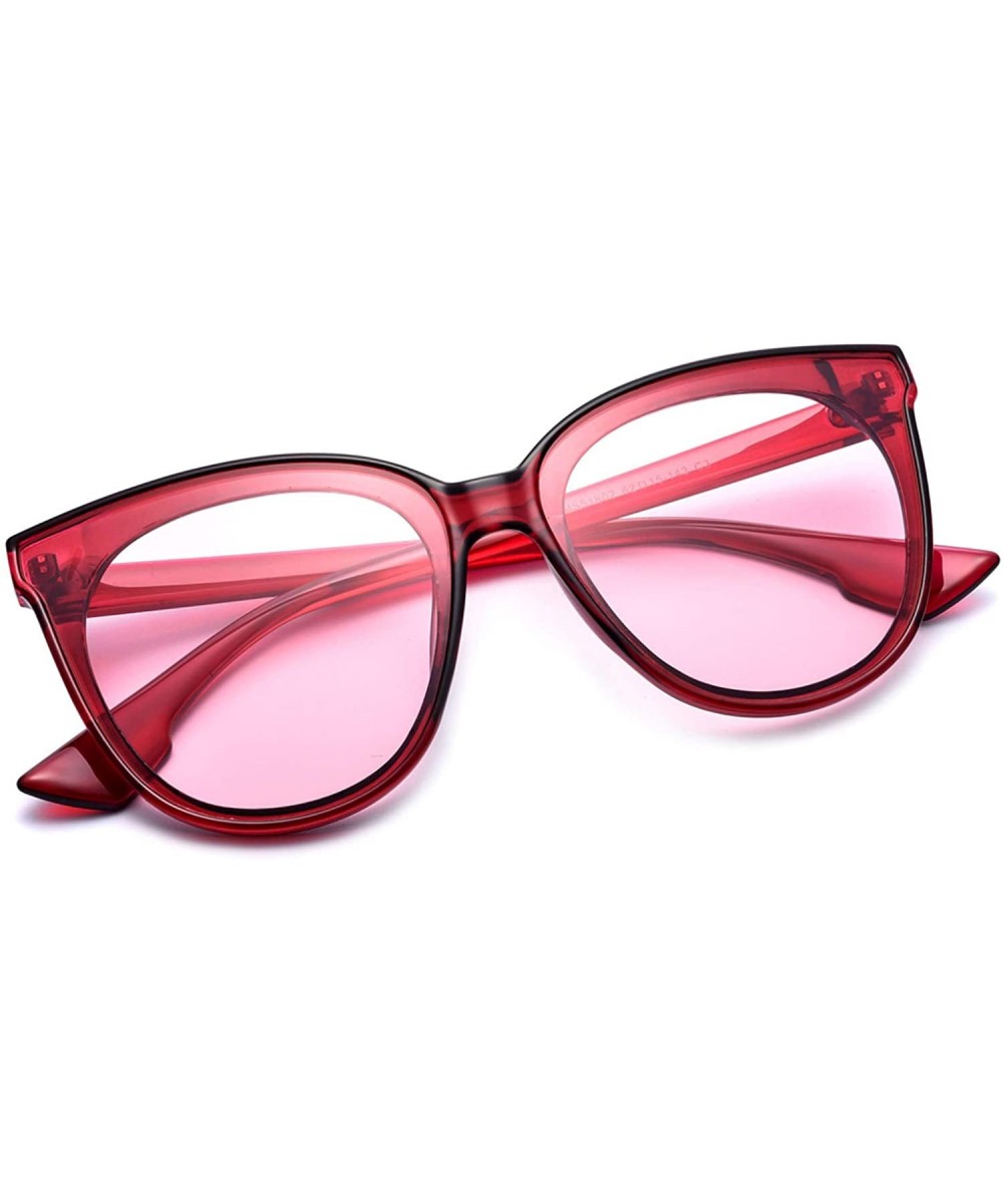 Fashion Cat Eye Sunglasses for Women Oversized Style MS51802 - Wine Red Frame/ Transparent Red Lens - CA18EOZNKEX $7.65 Oval