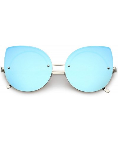 Oversize Rimless Slim Arms Mirrored Flat Lens Cat Eye Sunglasses 64mm - Silver / Blue Mirror - CS183MZH4Z5 $10.02 Rimless