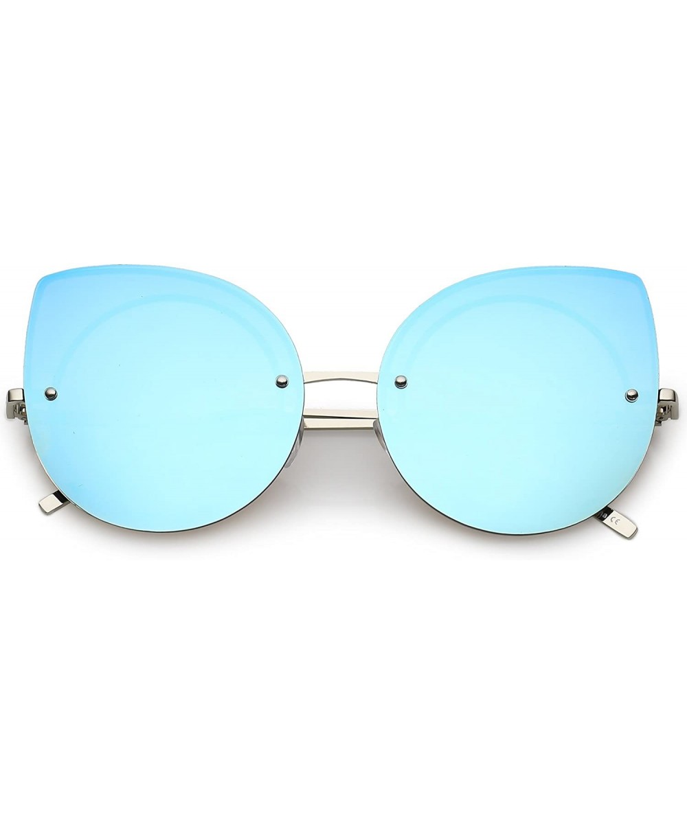 Oversize Rimless Slim Arms Mirrored Flat Lens Cat Eye Sunglasses 64mm - Silver / Blue Mirror - CS183MZH4Z5 $10.02 Rimless