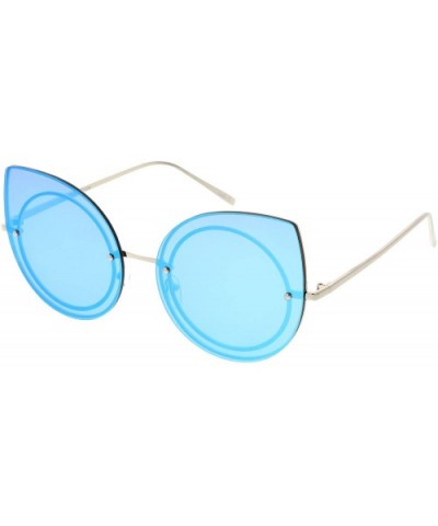 Oversize Rimless Slim Arms Mirrored Flat Lens Cat Eye Sunglasses 64mm - Silver / Blue Mirror - CS183MZH4Z5 $10.02 Rimless