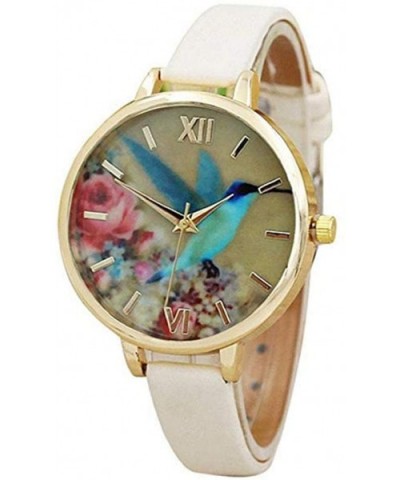 Blue Hummingbird Pattern Round Dial Women Leather Band Analog Quartz Movement Wrist Watch - Beige - CX18TORYR4K $7.35 Round