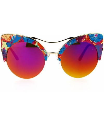 Womens Floral Print Half Rim Mirrored Lens Cat Eye Sunglasses - Blue Beige Purple - CQ12EC4ZWF9 $7.51 Cat Eye