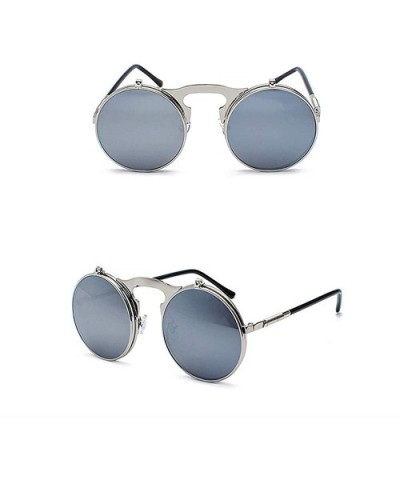 Vintage Round Flip Up Sunglasses for Men Women John Lennon Style Circle Sunglasses - Silver Lens / Silver Frame - C1192QTU790...