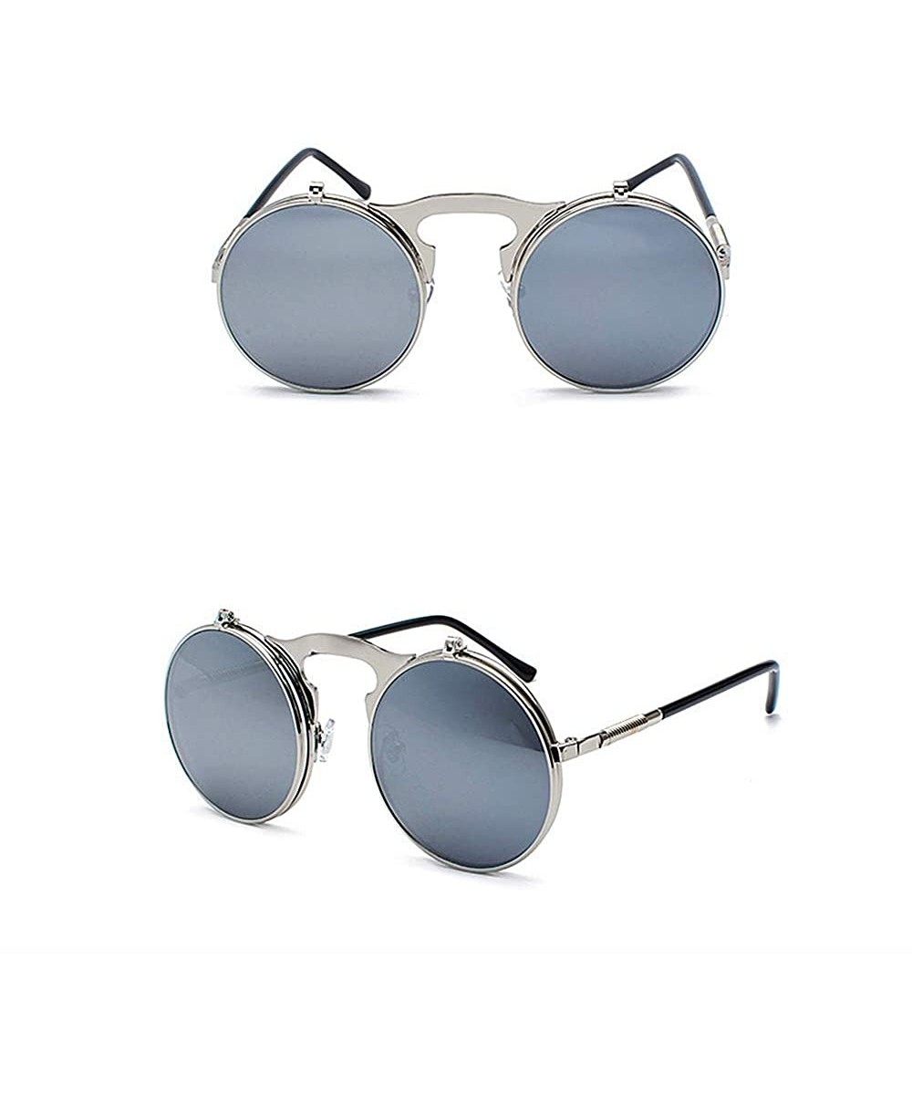 Vintage Round Flip Up Sunglasses for Men Women John Lennon Style Circle Sunglasses - Silver Lens / Silver Frame - C1192QTU790...