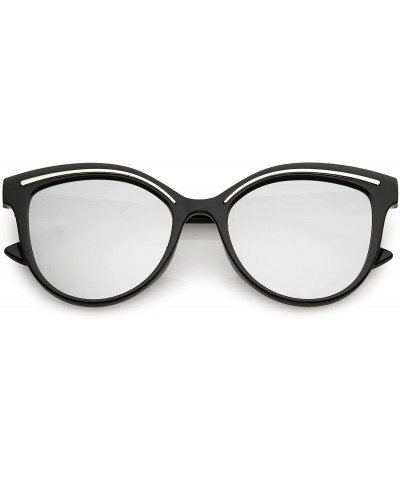 Modern Metal Brow Detail Round Colored Mirror Flat Lens Cat Eye Sunglasses 53mm - Black Silver / Silver Mirror - CA188HG5MA9 ...