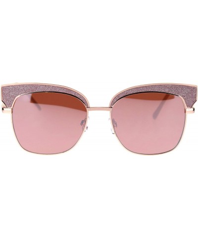 Womens Glitter Bling Metal Half Rim Rectangular Chic Sunglasses - Gold Pink Mirror - C718QA746Y7 $8.28 Rectangular
