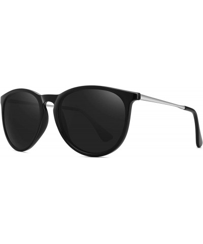 Polarized Sunglasses for Women Vintage Retro Round Mirrored Lens - Black Frame Grey Lens - CR18ET532DS $8.69 Oval
