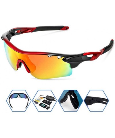 Polarized Sports Sunglasses with 5 Lens for Men Women Cycling Running Baseball - Black Red - CK18WIITMMC $15.82 Sport