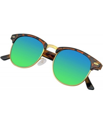 Premium Half Frame Horn Rimmed Sunglasses Metal Rivets - Flash Mirror - Tortoise Green - C712KZ9LCAD $4.82 Rimless