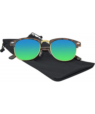 Premium Half Frame Horn Rimmed Sunglasses Metal Rivets - Flash Mirror - Tortoise Green - C712KZ9LCAD $4.82 Rimless