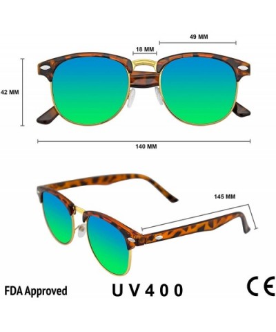 Premium Half Frame Horn Rimmed Sunglasses Metal Rivets - Flash Mirror - Tortoise Green - C712KZ9LCAD $4.82 Rimless