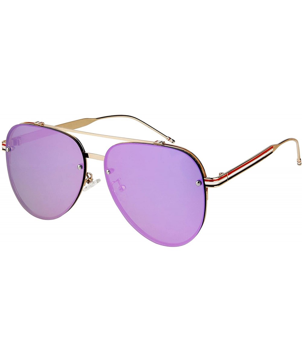 pilot Aviator striped temple Mens Womens Double BridgeSunglasses - Gold Frame With Purple Mirror Lens - CW18OMKNXTR $4.75 Avi...