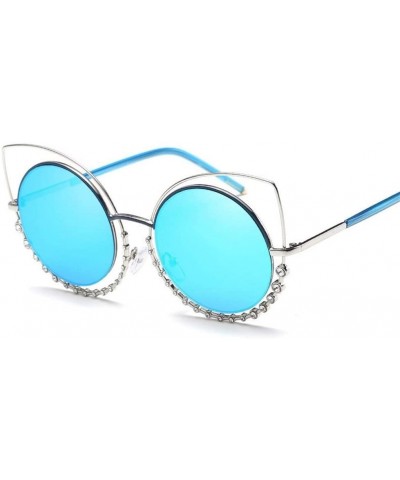 Luxury Rhinestone Sunglass Fashion Cateye Sun Glasses Women Vintage Round Lens Sunglasses UV400 - BLUE - C918XECHTKA $20.70 R...