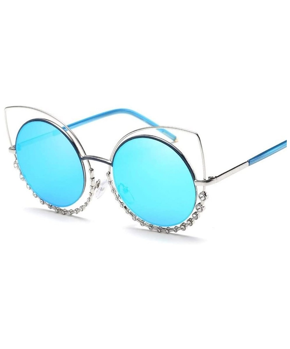 Luxury Rhinestone Sunglass Fashion Cateye Sun Glasses Women Vintage Round Lens Sunglasses UV400 - BLUE - C918XECHTKA $20.70 R...