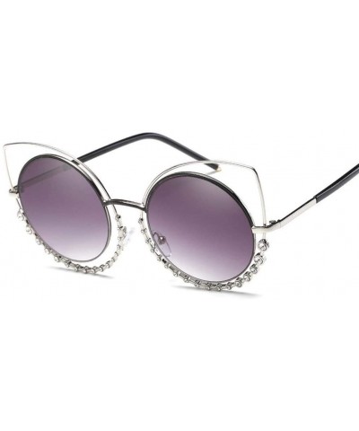 Luxury Rhinestone Sunglass Fashion Cateye Sun Glasses Women Vintage Round Lens Sunglasses UV400 - BLUE - C918XECHTKA $20.70 R...