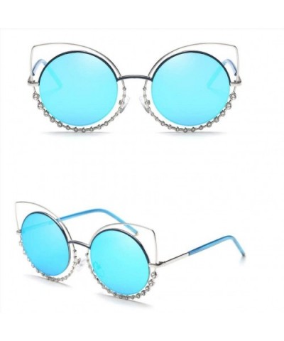 Luxury Rhinestone Sunglass Fashion Cateye Sun Glasses Women Vintage Round Lens Sunglasses UV400 - BLUE - C918XECHTKA $20.70 R...