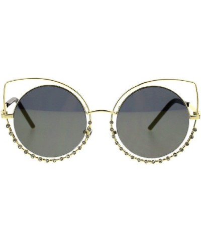 Womens Rhinestone Sparkling Round Circle Lens Double Rim Cat Eye Sunglasses - Gold Mirror - CL18GHRTIHZ $9.86 Cat Eye