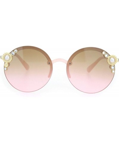 Womens Rhinestone Pearl Floral Jewel Rimless Round Circle Lens Sunglasses - Pink Gold Pink Smoke - CO18OQWR458 $9.68 Round