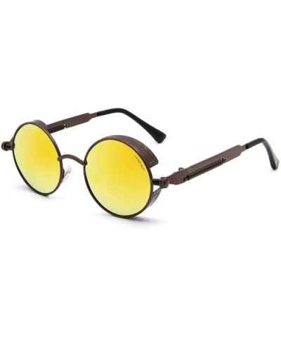 Women Men Round Sunglasses Retro Vintage Steampunk Style Mirror Reflective Circle lens - N4-brown Frame&gold Lens - CY18YC2HS...