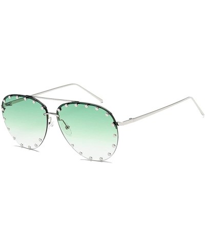 Women Rimless Oversized Studded Sunglasses Gradient Lens Rivet Fashion WS027 - Silver Frame Green Lens - CF18CCNGQ9X $8.41 Oval