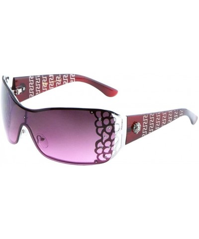 Greek Key Lion Head Medallion Oversized Shield Sunglasses w/Rhinestones - Red & Silver Frame - CX17YCWXXMT $6.60 Oversized