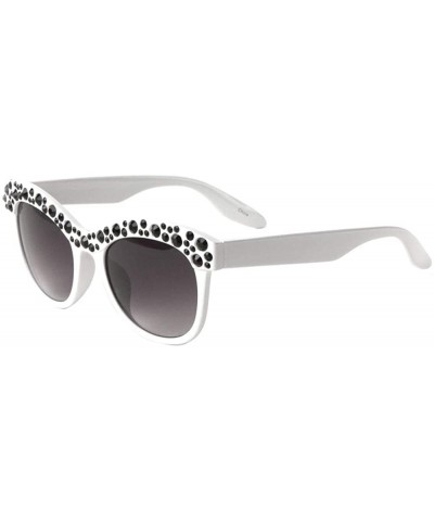Frontal Brow Rhinestone Round Cat Eye Sunglasses - White - CZ198KASQ9U $12.93 Round