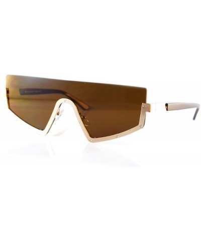 Futuristic Flat Top Bottom Half Metal Rim Shield Sunglasses A278 - Gold Brown - CV18T2A0HAL $9.98 Oversized